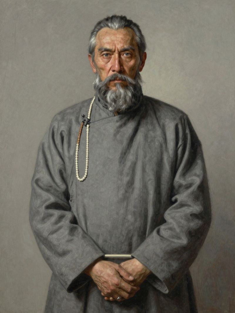 Portrait of a stern man with white bead cord and grey robes