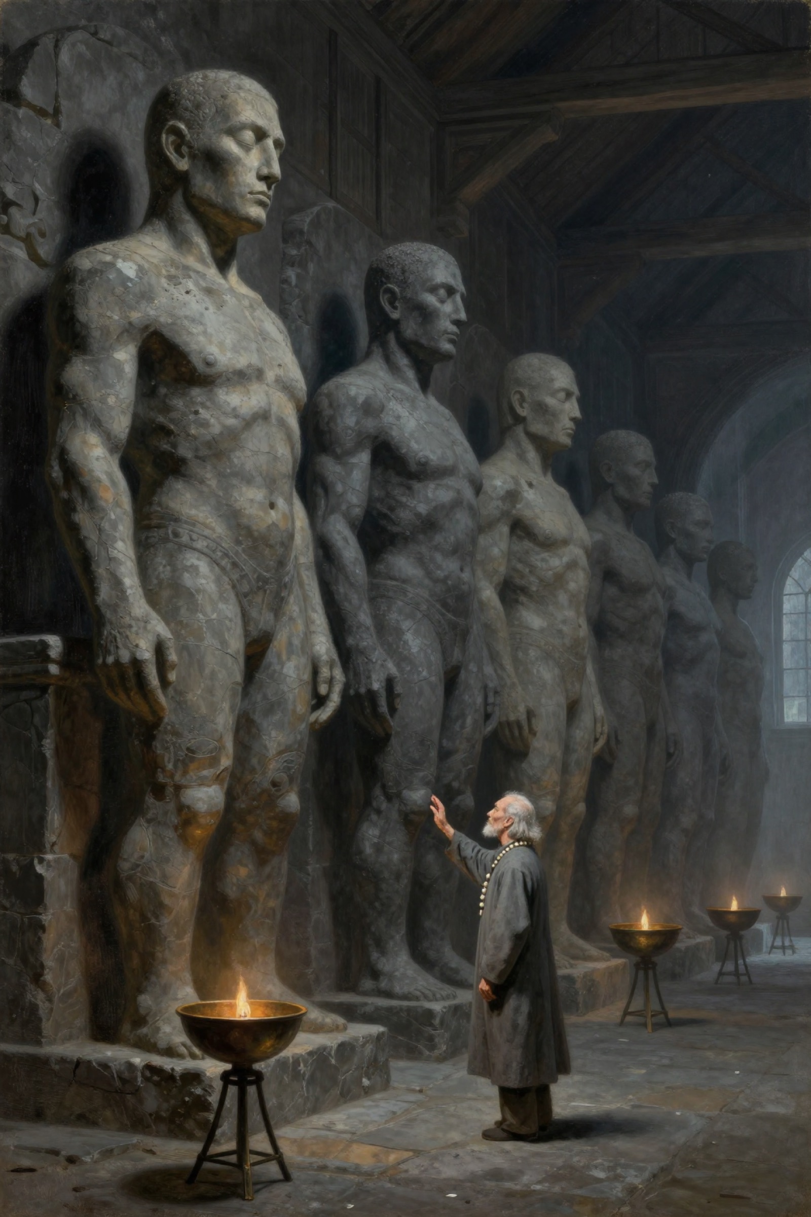 A robed figure gazes up at towering stone giants in a torchlit hall