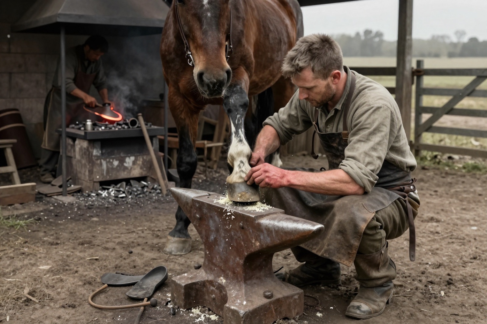 A farrier works at an iron anvil, a horse beside him