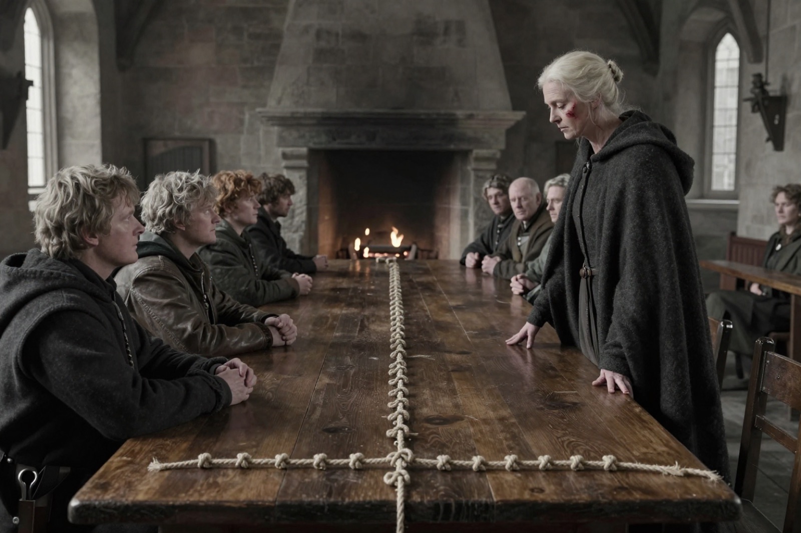 A woman lays knotted cords across a war council table